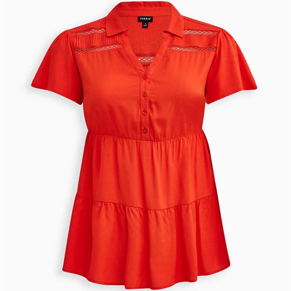 NWT Torrid Grenadine Orange Textured Woven Crochet Inset Babydoll Tunic Top 2 2X
